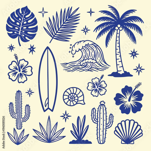 Tropical summer doodle icon set with palm tree surfboard wave and flowers