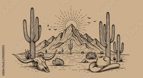 Desert landscape illustration with cactus mountains and sunburst vintage style