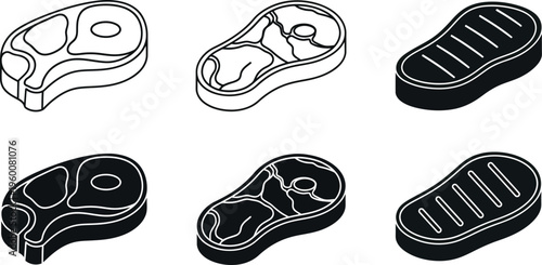 Steak meat icon set with beef cut outline and silhouette collection