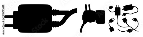 Wall plug set with single line art silhouette featuring electrical outlet, plug, power socket with wall and household home