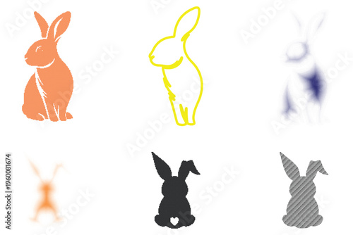 Set of Six Cute Rabbits in Different Art Styles