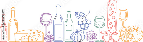 Colorful Outline Icons of Wine Food and Produce on White Background Keywords: wine, bottle, glass, grapes, cheese, bread, fig