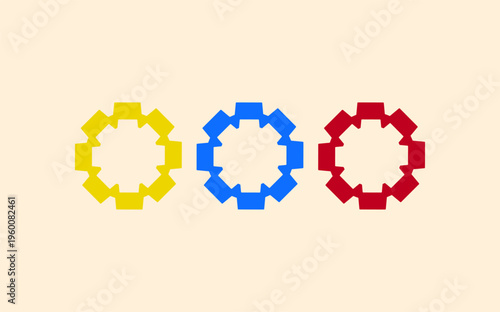Colorful Abstract Geometric Gears and Flower Shapes in Bright Flat Design on White Background