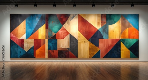 large scale abstract geometric artwork with assorted colors on wall