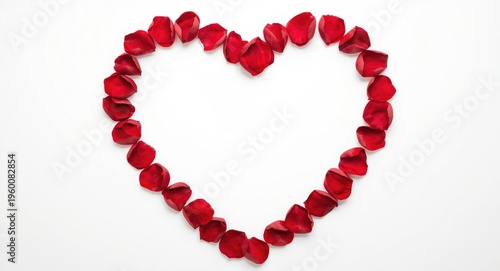 Rose petal filled decorative heart frame arranged on a clean white background layout