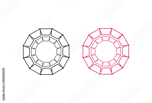 Pair Of Pink And Black Geometric Radial Ring Wireframe Designs Minimal Abstract Circles