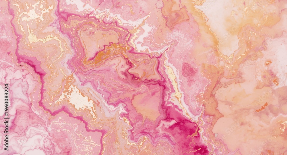 Fototapeta premium Pink and yellow marble close up with magenta and wool accents evoking cloud shapes on white