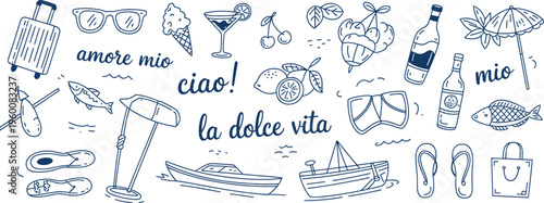 Hand-drawn navy blue outline doodles of Italian summer vacation phrases and items Keywords: suitcase, sunglasses, ice cream cone