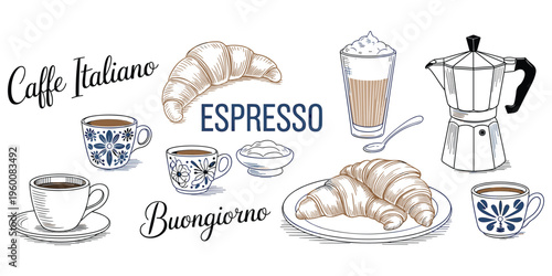 Italian Coffee And Croissant Breakfast Set With Espresso Moka Pot And Buongiorno vector illustration