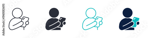 Person holding smartphone icon set, mobile app usage, online communication and digital interaction, outline and solid style. Vector illustration.