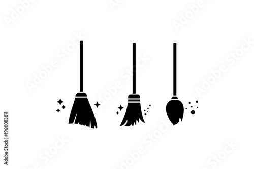 Cleaning Broom Icon Set Minimal Silhouette Style