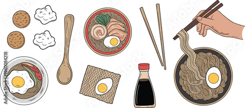 Japanese Ramen Meal with Fried Egg and Side Elements noodles chopsticks