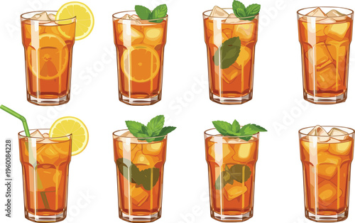 Iced tea glasses vector set. Refreshing cold drink illustrations with lemon slices mint leaves and ice cubes. Summer beverage collection for menu, cafe and drink design.
