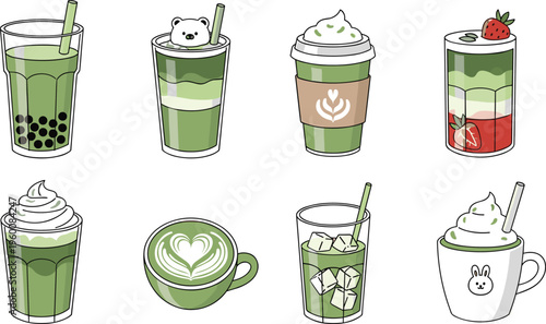Matcha drinks vector set with latte bubble tea and iced beverages. Cute green tea illustrations for cafe menu, healthy lifestyle and modern drink branding.