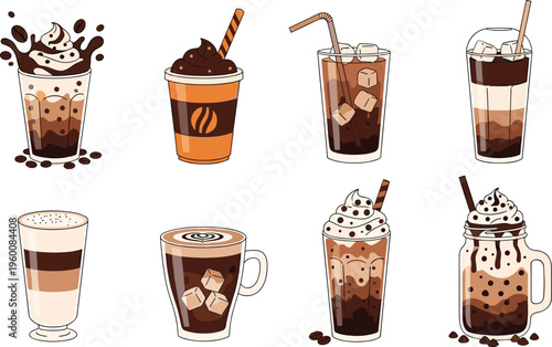 Coffee drinks vector set with latte cappuccino mocha and iced beverages. Creamy cafe drinks with chocolate and foam. Perfect for menu, barista and coffee shop design.