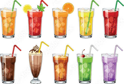 Colorful cocktail and juice drinks vector set with ice cubes and straws. Refreshing summer beverages with citrus and fruit. Perfect for menu, bar and beverage design.