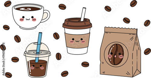 Cute kawaii coffee set with cup takeaway drink iced coffee and beans. Funny cartoon style elements for cafe branding, stickers and playful food illustration.