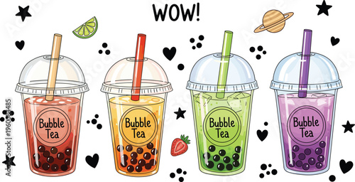 Colorful bubble tea vector set with tapioca pearls and cute doodles. Trendy boba drinks in plastic cups. Perfect for cafe menu, stickers and modern beverage design.