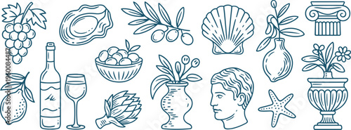 Mediterranean and Greek inspired line art icons of food and objects grape bunch of grapes