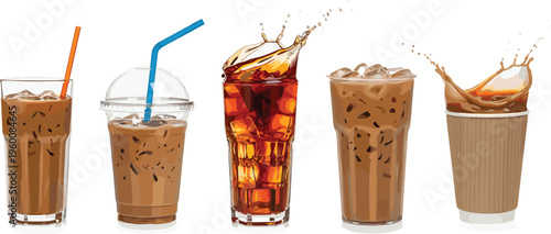 Iced coffee drinks realistic vector set with splashes and ice cubes. Cold brew beverages in glass and takeaway cups. Perfect for cafe menu and advertising design.