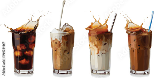 Iced coffee splash vector set with milk and cold brew variations. Realistic beverages with ice cubes and dynamic liquid motion. Ideal for cafe ads and drink branding.