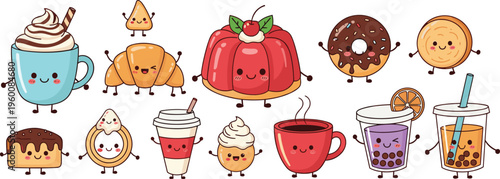 Cute kawaii dessert characters vector set with coffee jelly donut croissant and bubble tea. Funny sweet food illustrations for stickers, kids menu and playful branding design.