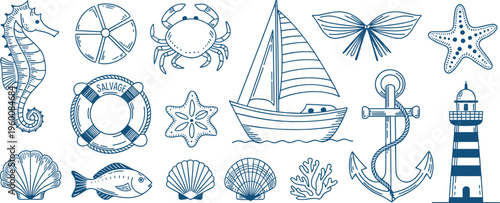 Nautical Themed Marine Life and Objects Doodle Collection With Blue Outline illustration untitled