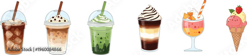 Iced drinks and desserts vector set. Coffee matcha milkshakes fruit beverages and ice cream. Cute illustrations for café menus summer drinks and trendy designs.