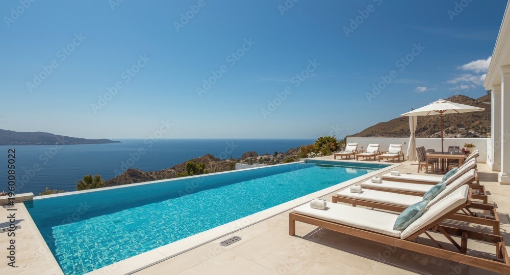 Fototapeta premium Exclusive villa sun deck furnished with loungers adjacent to a private pool with panoramic views of the sea