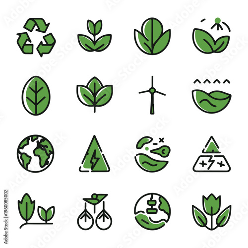Eco Sustainability Icons Set Green Nature Recycling Vector