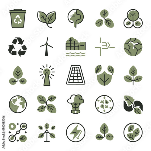 Renewable Energy and Ecology Line Icons Collection Vector