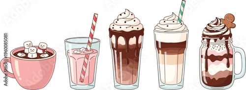 Sweet drinks vector set. Hot chocolate milkshakes and layered coffee with whipped cream. Cozy dessert beverage illustrations for café menus and trendy drink designs.