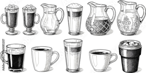 Vintage drinkware hand drawn vector set. Coffee tea glasses pitchers and mugs in detailed sketch style. Classic illustrations for café menus packaging and retro design.