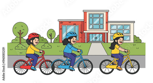 Young girls cheerfully riding their bicycles with safety helmets on a path near a school building.