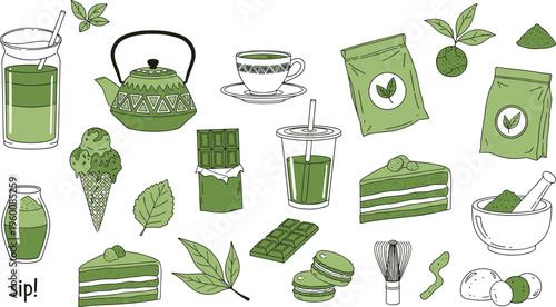 Matcha tea and desserts hand drawn vector set. Green tea drinks sweets and ingredients in sketch style. Minimal illustrations for café menus and organic branding.