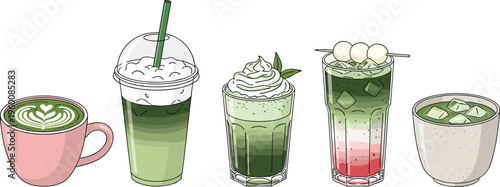 Matcha drinks vector set. Latte frappes layered beverages and iced green tea cups. Hand drawn illustrations for café menus trendy drinks and healthy lifestyle.