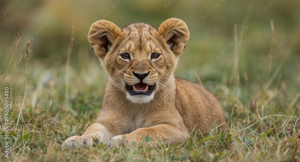 Fototapeta premium Smiling little lion cub enjoying a calm outdoor moment