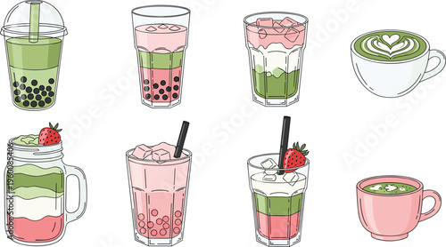 Matcha and strawberry drinks vector set. Bubble tea layered beverages and latte cups in pastel colors. Cute illustrations for café menus summer drinks and trendy designs.