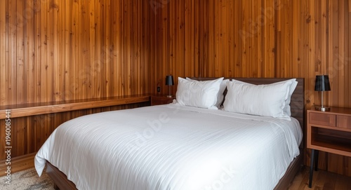 King bed with soft white bedcover and multiple pillows in a timber walled corner bedroom with a lengthy bedside table behind