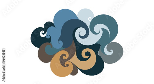 Abstract illustration of swirling shapes in shades of blue and brown colors