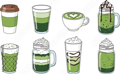 Matcha drinks vector set. Green tea latte frappes and layered beverages in cups and glasses. Hand drawn illustrations for café menus healthy lifestyle and drink design.