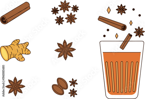 Masala chai ingredients infographic vector. Cinnamon cloves ginger anise nutmeg and allspice with tea glass. Flat illustration for recipes café menus and spice education.