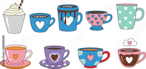Cute coffee cups with heart patterns vector set. Colorful mugs with love theme and sweet drinks. Adorable illustrations for Valentine designs stickers and café branding.