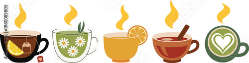 Hot drinks vector set. Tea coffee herbal infusions and citrus beverages in cute cups. Cozy steaming illustrations for café menus winter themes and beverage branding.