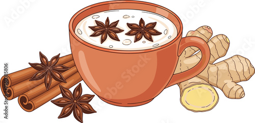 Masala chai cup vector illustration. Spiced tea with cinnamon star anise and ginger. Cozy hot drink design for café menu packaging and winter beverage concepts.