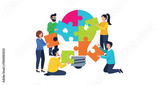 Diverse group of business people collaborate actively assembling colorful puzzle pieces into a bright idea lightbulb