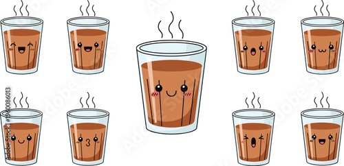 Cute chai tea characters vector set. Funny smiling glass cups with steam and kawaii faces. Cozy drink illustrations for stickers branding and café menu designs.