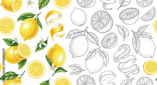 Lemon fruit seamless pattern vector set. Hand drawn citrus slices whole lemons and leaves in sketch and color style. Fresh summer background for packaging and textile design.