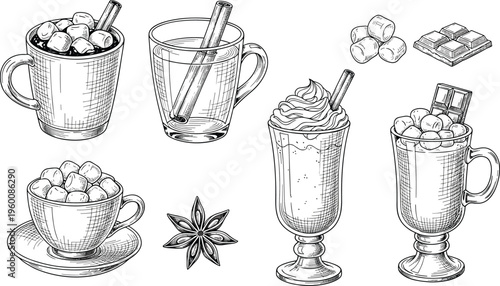 Hand drawn hot chocolate and coffee set. Vintage sketch style mugs with marshmallows spices and chocolate pieces. Cozy winter drink illustrations for café menus and holiday designs.