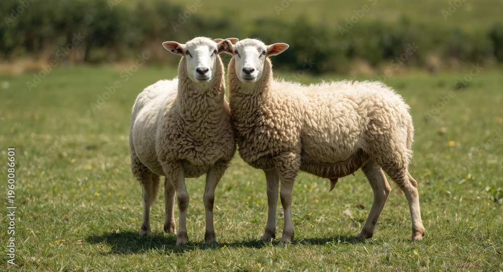 Fototapeta premium Pair of serene sheep standing together on thick green grass lawn during a bright and warm summer day full length